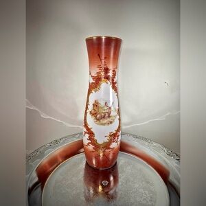 RARE Antique Vase with Stag - Hand-painted Buck / Deer Rust Orange Porcelain